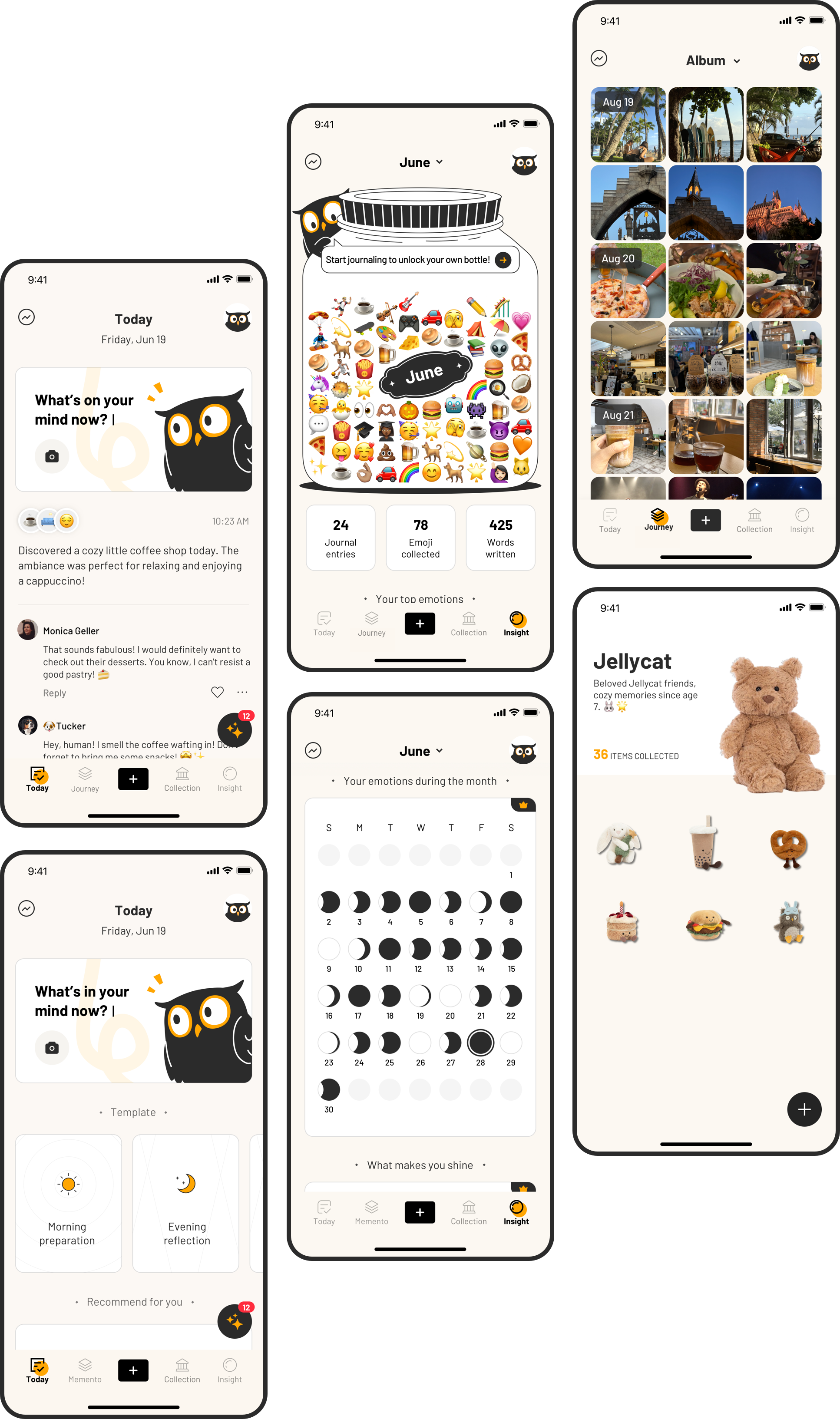 Glimmo app screens showing journaling, album, monthly insights, and collections views.